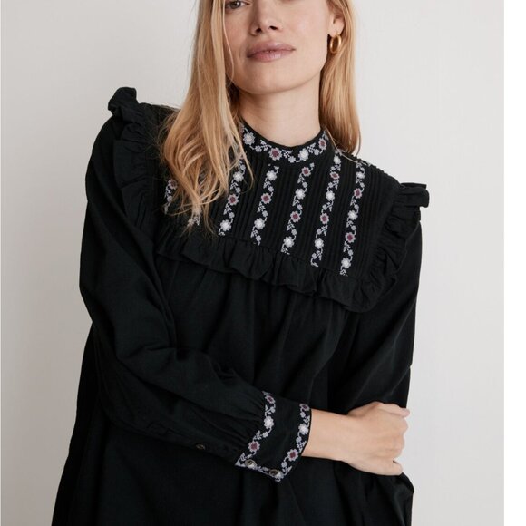Embroidered-Bib Ruffle Mini Dress - Picture 4 of 12